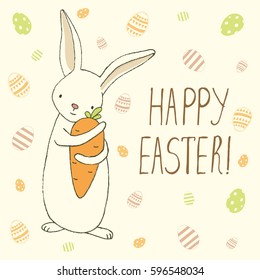 Easter greeting card with cute bunny. Hand lettering. Vector illustration