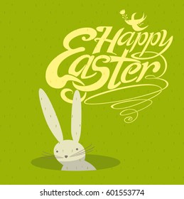 Easter greeting card with cute bunny looks out of the hole and handwritten inscription Happy Easter Day.