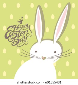 Easter greeting card with cute bunny and a handwritten inscription Happy Easter Day.