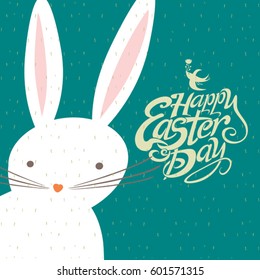Easter greeting card with cute bunny and handwritten inscription Happy Easter Day and small birdie with flower.
