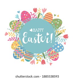 Easter greeting card with cute cartoon eggs and spring flowers