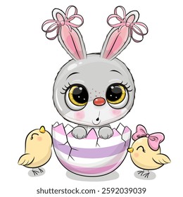 Easter Greeting Card Cute Cartoon Bunny hatches from the egg