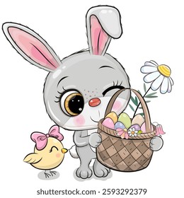 Easter Greeting Card Cute Cartoon Bunny with egg and chicken