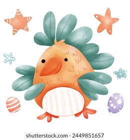 Easter greeting card with cute chicken and eggs. Vector illustration.