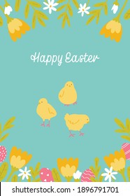 Easter greeting card. Cute chickens, flowers and eggs on a blue background. Vector illustration in flat style