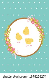 Easter greeting card. Cute chickens, flowers and frame on a blue background. Vector illustration in flat style