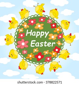 Easter greeting card with cute chickens - vector illustration