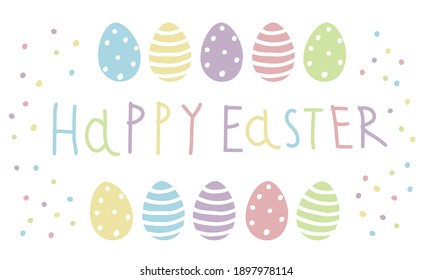 Easter greeting card with cute colourful painted easter eggs in pastel colors with dots and stripes and hand write lettering Happy Easter isolated on white background, EPS 10 vector design element