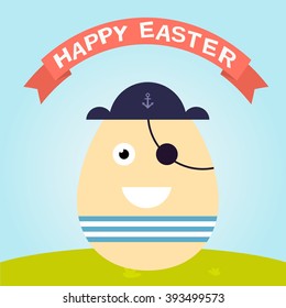 Easter greeting card with cute egg on blue background