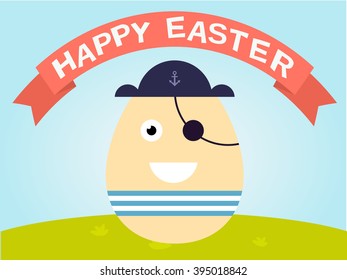 Easter greeting card with cute egg on blue background