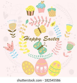 Easter greeting card with cute flowers, easter cakes, eggs and butterflies in cartoon style