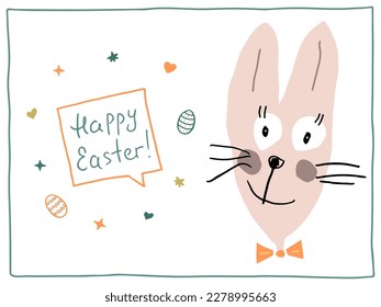 Easter greeting card. Cute funny Easter bunny with the inscription Happy Easter. Handwritten lettering in a speech bubble decorated with painted Easter eggs, hearts and stars.