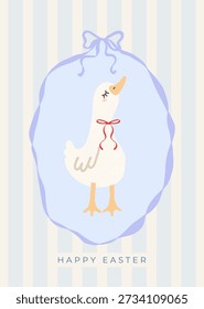 Easter greeting card with cute goose, ribbon frame and bow on striped background. Vintage design in trendy doodle hand drawn style for poster, cover, label