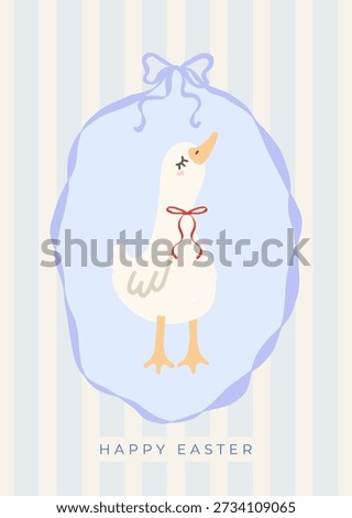 Easter greeting card with cute goose, ribbon frame and bow on striped background. Vintage design in trendy doodle hand drawn style for poster, cover, label