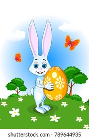 Easter greeting card cute hare keeps egg background grass flowers flowers sky clouds butterflies fly cartoon style