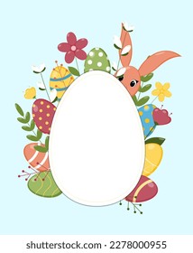 Easter greeting card. Cute Postcard with easter eggs, rabbit and flowers.