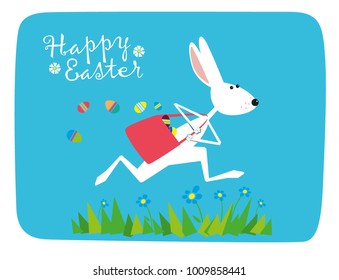 Easter greeting card. A cute rabbit runs over flowering meadows and loses Easter eggs. Vector illustration