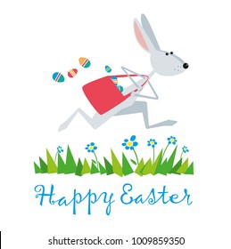 Easter greeting card. A cute rabbit runs along the green grass and flowers and loses the Easter eggs. Vector illustration
