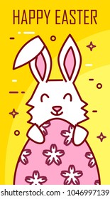 Easter greeting card with cute rabbit and pink egg on yellow background. Thin line flat design. Vector banner.