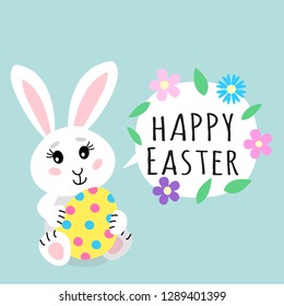 Easter greeting card. Cute rabbit bunny holding colored egg with dots with speech bubble with text sign Happy Easter and spring flowers. Funny cartoon kawaii character for holiday. Vector eps10