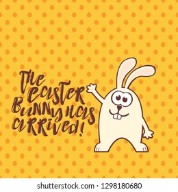 Easter greeting card with cute rabbit and text on yellow seamless pattern background with eggs. Inscription: The Easter bunny has arrived