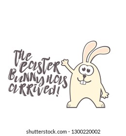 Easter greeting card with cute rabbit and handwritten text on white background. Inscription: The Easter bunny has arrived