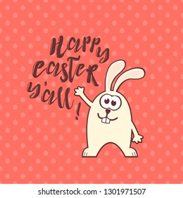 Easter greeting card with cute rabbit and text on living coral seamless pattern background with eggs. Inscription: Happy Easter you all