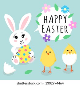 Easter greeting card. Cute rabbit bunny holding colored egg with dots and cute little yellow chicks in cracked eggs and eggshell, speech bubble with text sign Happy Easter and spring flowers. Funny