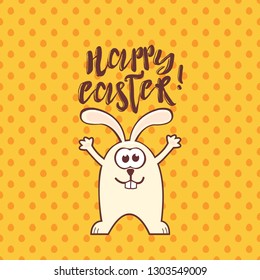 Easter greeting card with cute rabbit and text on yellow seamless pattern background with eggs. Inscription: Happy Easter