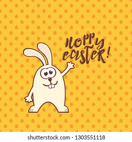 Easter greeting card with cute rabbit and text on yellow seamless pattern background with eggs. Inscription: Hoppy Easter