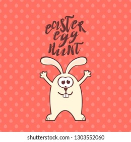 Easter greeting card with cute rabbit and text on living coral seamless pattern background with eggs. Inscription: Easter egg hunt