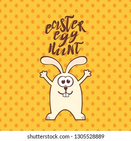 Easter greeting card with cute rabbit and text on yellow seamless pattern background with eggs. Inscription: Easter egg hunt