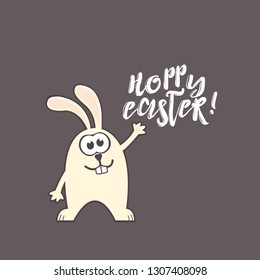 Easter greeting card with cute rabbit and handwritten text on gray background. Inscription: Hoppy Easter
