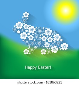 Easter greeting card with cute rabbit of flowers on background grass, sky and sun