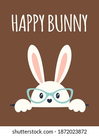 easter greeting card with cute rabbit in glasses out from hole, vector illustration