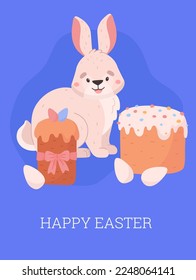 Easter greeting card with cute rabbit, cake and eggs - cartoon flat vector illustration. Poster for Easter holiday celebration. Cheerful bunny animal drawing.