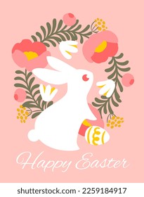 Easter greeting card with cute rabbit and spring flowers. Elegant vector illustration of white bunny, floral wreath and easter egg on pink background