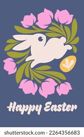 Easter greeting card with cute rabbit and tulips. Elegant vector illustration of white bunny, pink spring flowers and yellow easter egg for seasonal design