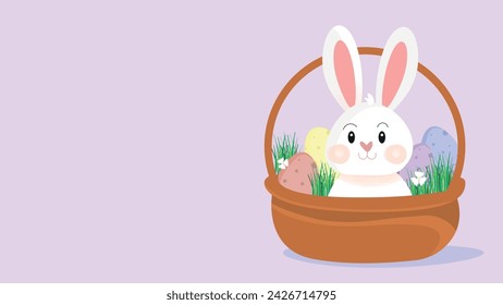 Easter greeting card with cute rabbit inside a basket and colourful eggs. Animal wildlife holiday cartoon character. -Vector