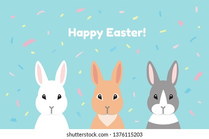 Easter greeting card with cute rabbits illustration on abstract blue background with trendy brush strokes. - Vector