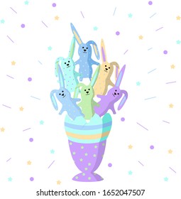 Easter greeting card with cute rabbits in a broken egg