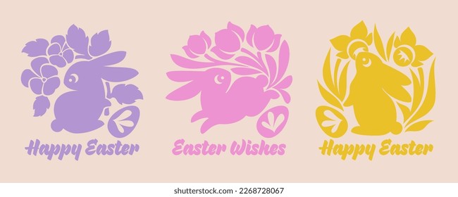 Easter greeting card with cute rabbits and spring flowers. Elegant vector illustration of playful bunnies with lovely pansy, tulip, daffodil and easter eggs