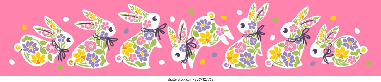 Easter greeting card with cute rabbits and spring flowers. Elegant vector illustration of playful bunnies with lovely multicolored flowers and easter eggs on a pink