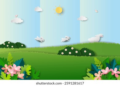 Easter greeting card with cute rabbits happy on spring garden,vector illustration