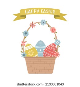 Easter greeting card. A cute wicker basket decorated with flowers and decorated with Easter eggs. The inscription on the ribbon is Happy Easter. Color cartoon vector illustration on a white background
