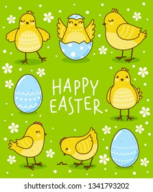 Easter greeting card with cute yellow chickens