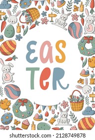 Easter greeting card decorated with quote and frame of doodles. Good for holiday's templates, prints, invitations, posters, prints, banners, etc. EPS 10