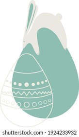 Easter greeting card with decorated rabbit eggs on white background. A festive banner template with a fashionable outlined geometric pattern with a light line on the Easter eggs. Flat vector illustrat