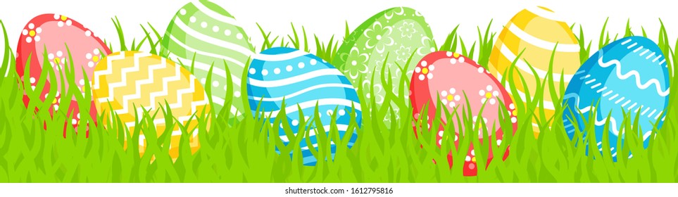 Easter greeting card decoration element  with spring grass and сolorful eggs. Vector illustration for Easter day