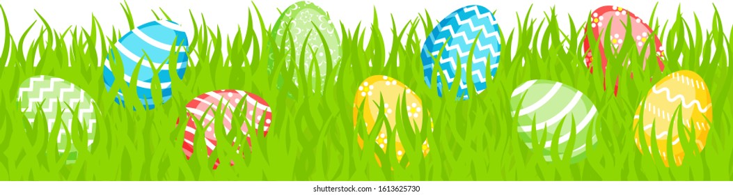 Easter greeting card decoration element  with spring grass and сolorful eggs. Vector illustration for Easter day